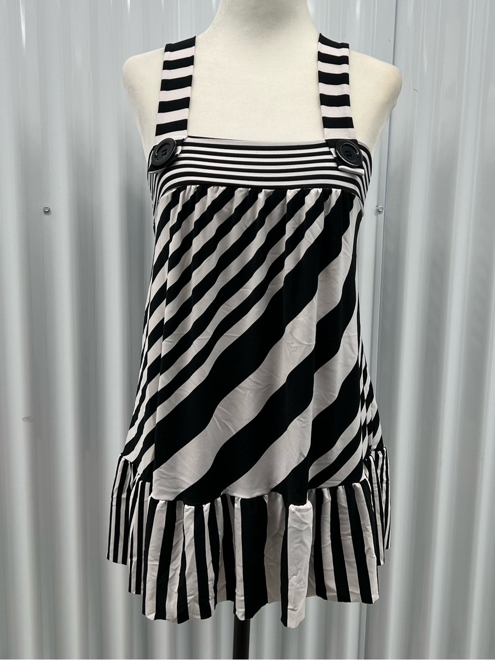 Sirens Y2K babydoll Striped Black & White Tank Top with Button Straps